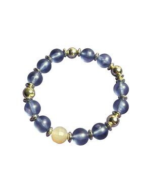 Beaded Stretchy Bracelet Blue Plastic Silvertone Faceted Glass 6.25" Unstretched